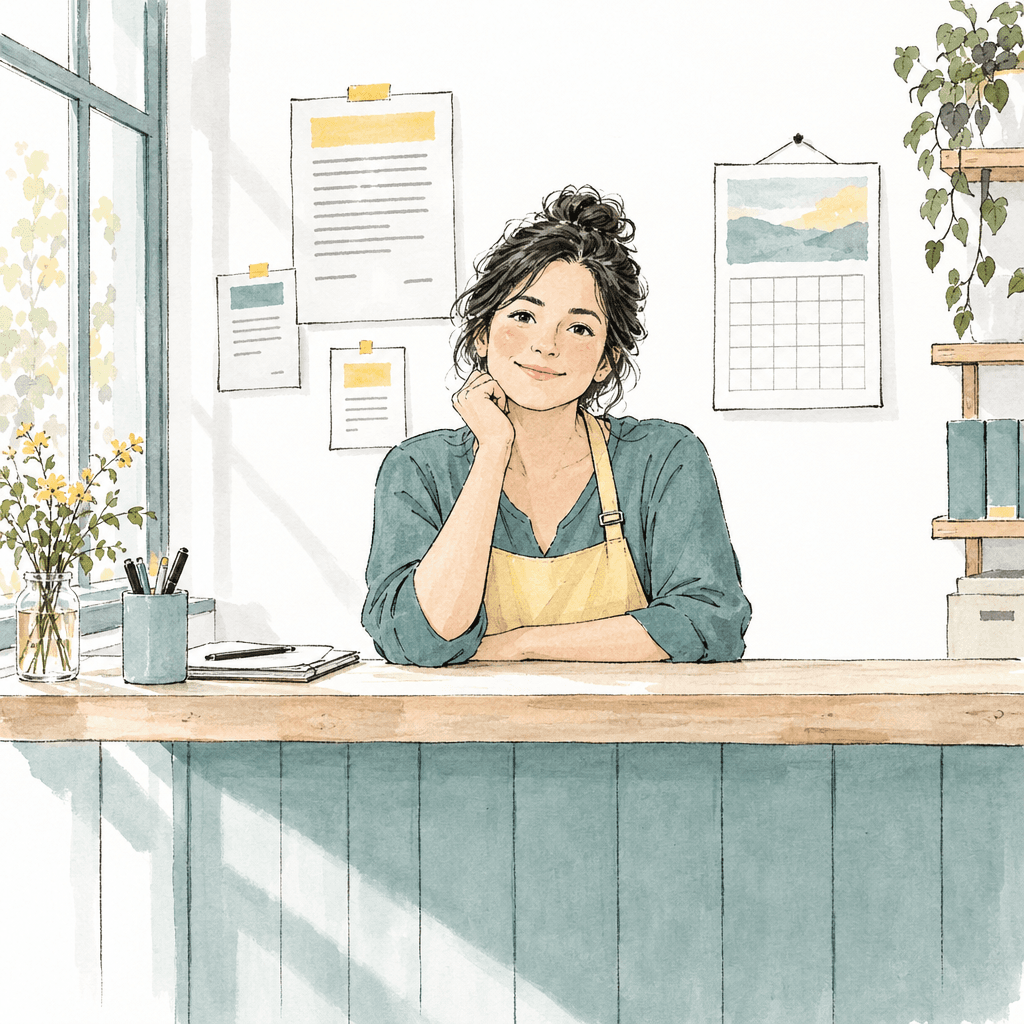 An independent shop owner reviewing a notice and calendar at the counter